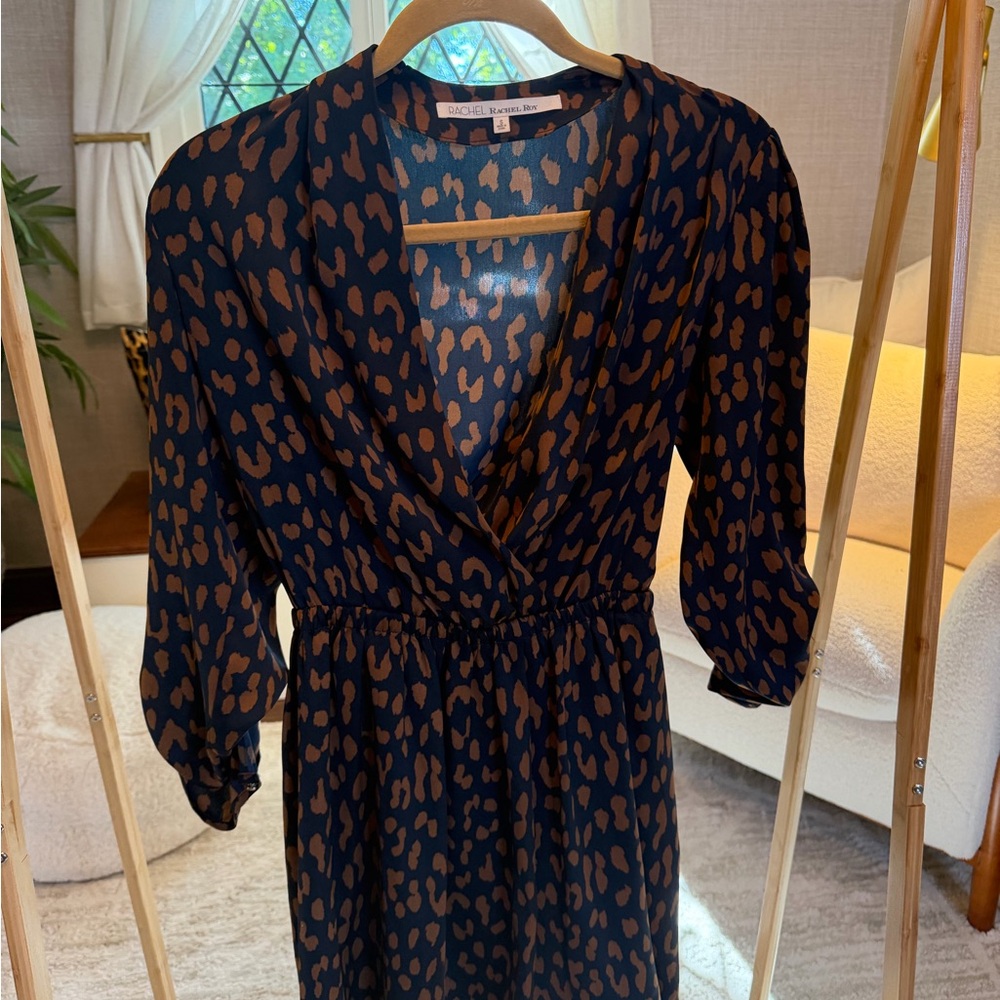 Rachel Zoe Black and Brown Leopard-Print Long-Sleeve Wrap Dress